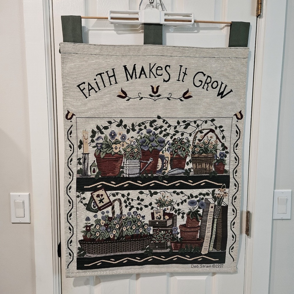 Vtg Faith Make It Grow Gardening Tapestry Wall Hanging Deb Strain 1997 READ